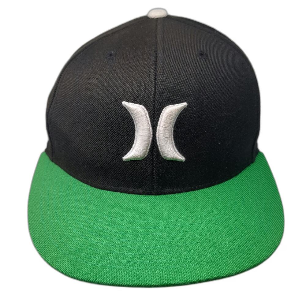 Hurley Baseball Cap Black Green 7 1/4 Fitted Hat Flat Brim Logo Two Tone Wool
